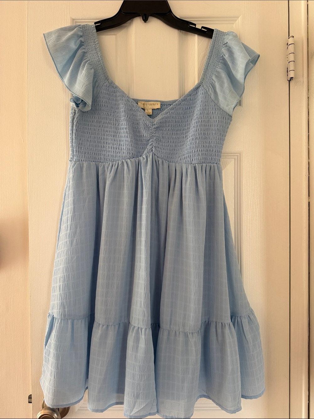 Light Blue Smocked Tiered Casual Dress with Flutter Sleeves